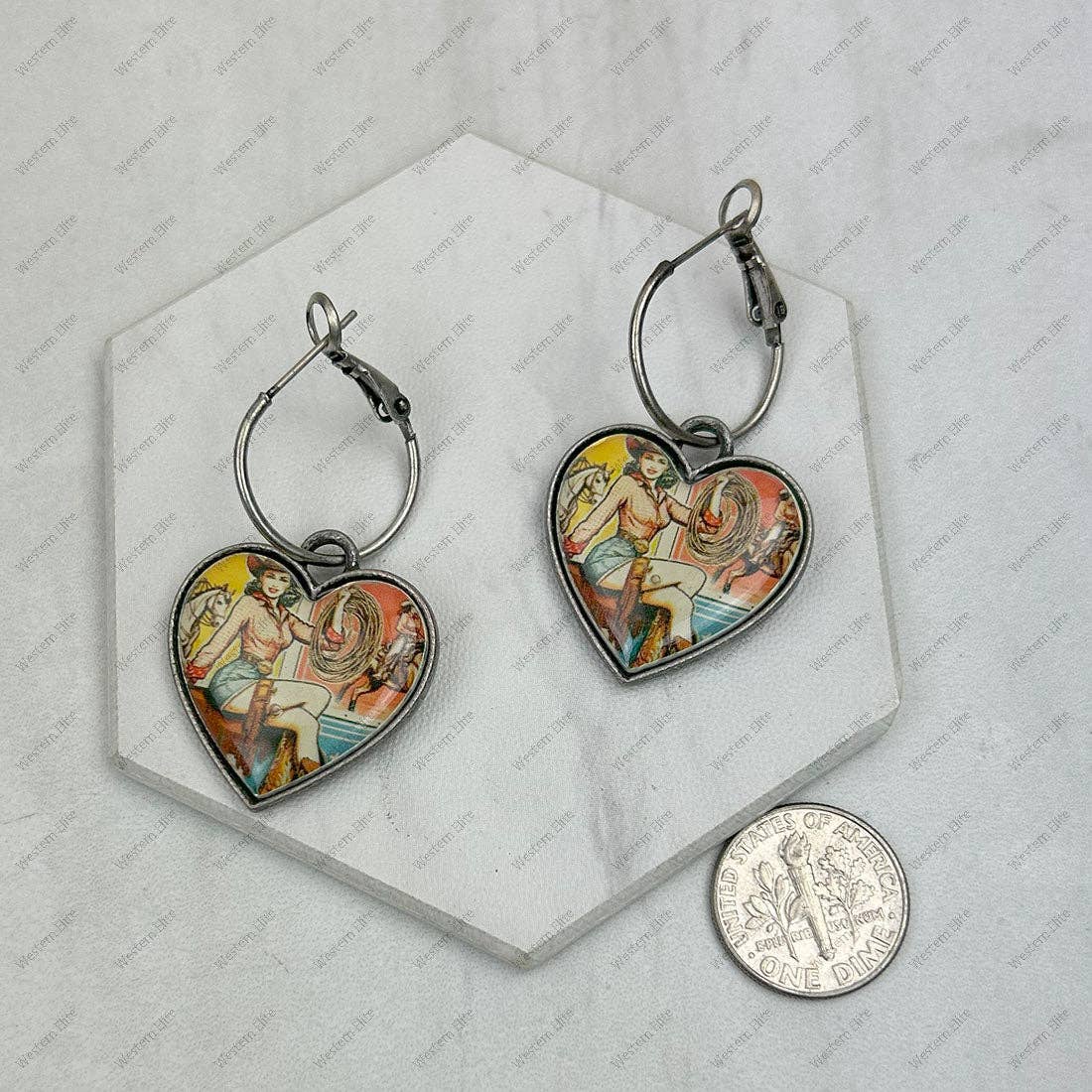 Silver-Tone Western Cowgirl Heart Earrings