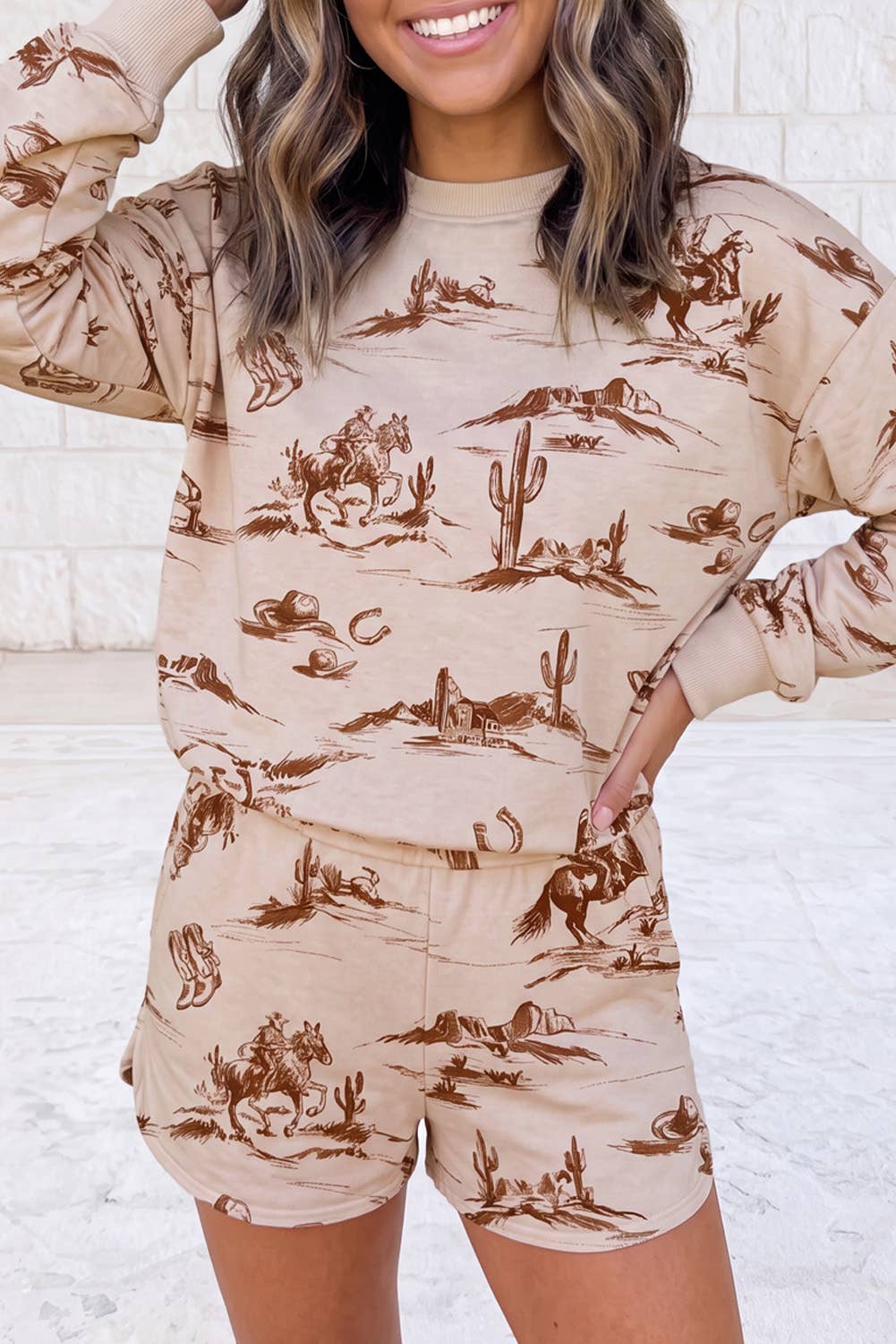 Western Print Loose Fit Long Sleeve Top Short Set