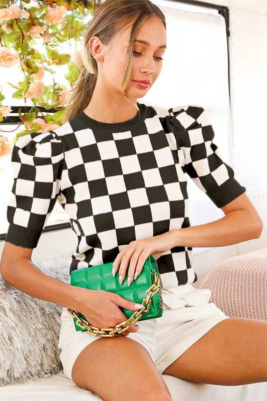 Checkerboard Crew Neck Sweater - Pink or Black