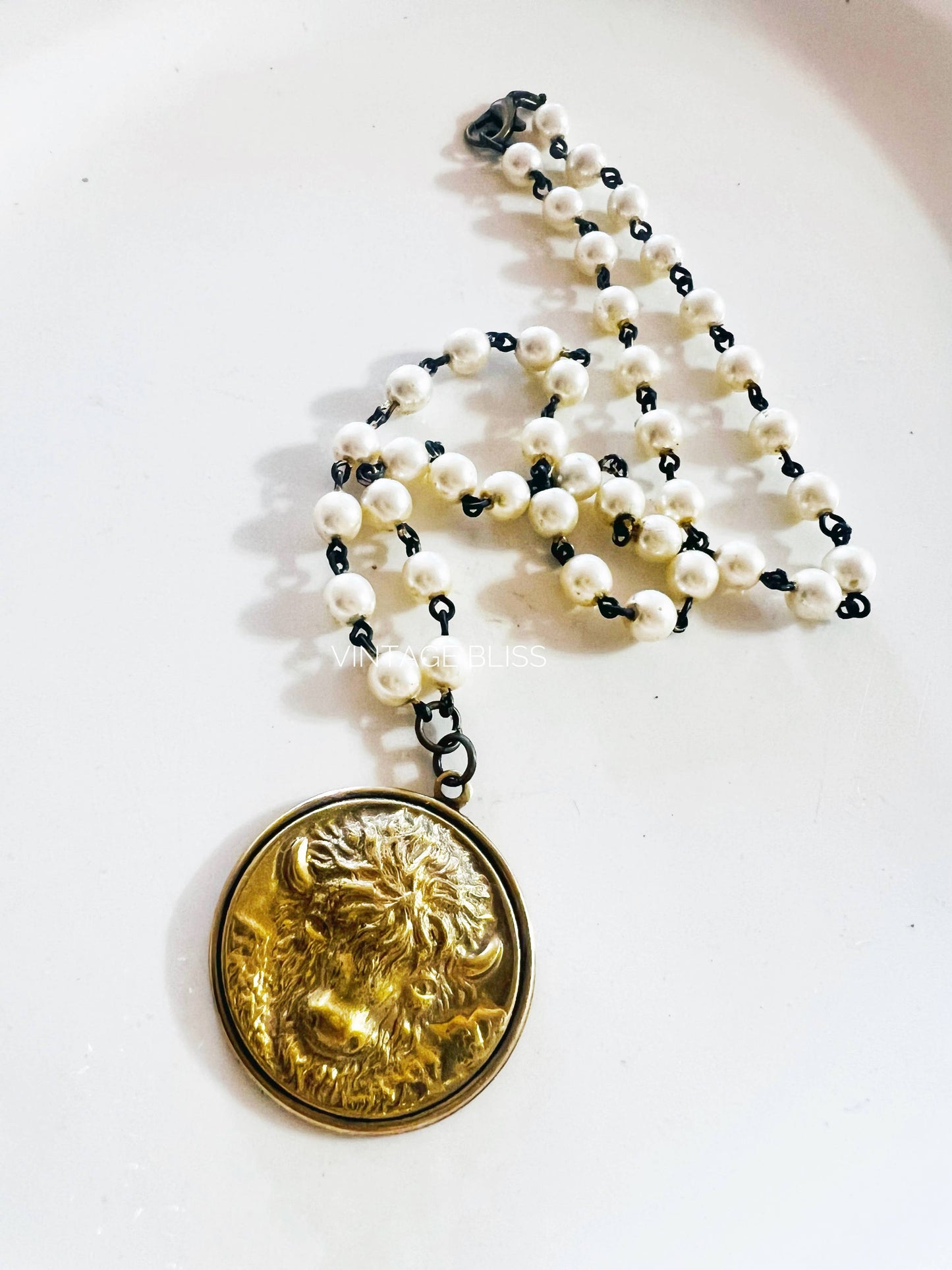 Brass Patina Buffalo Pendant Beaded Chain Necklace Western