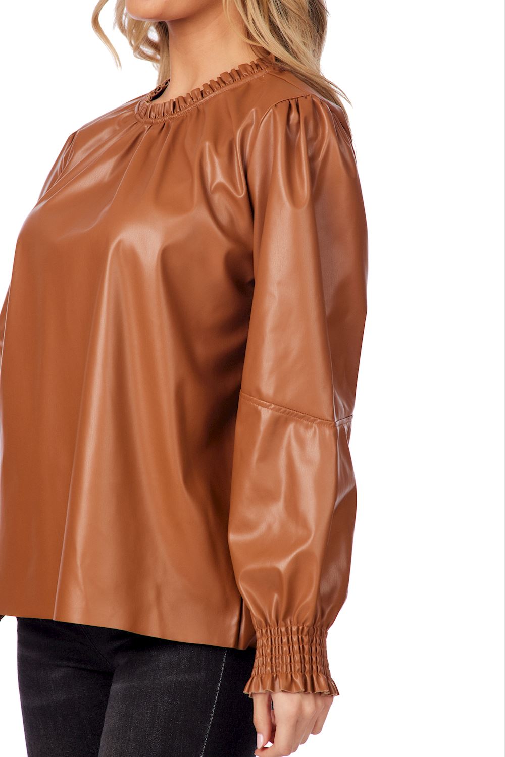 Tan Putnam Faux Leather Blouse