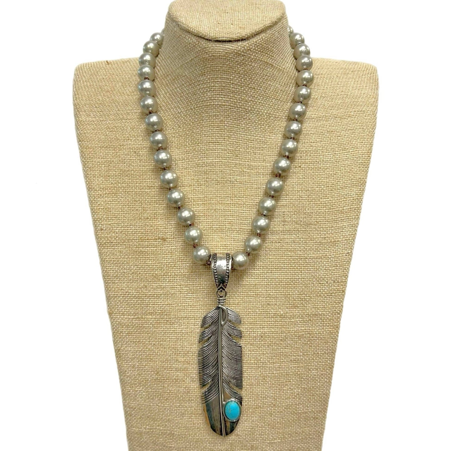 Feather with Turquoise Pendant on Faux Navajo Pearl Necklace