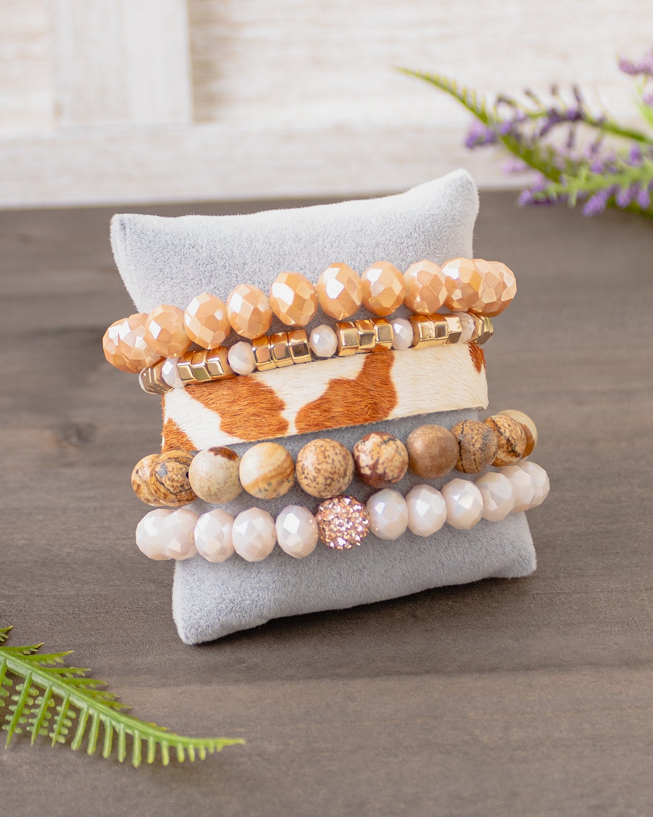 Cow Print and Crystal Stacked Bracelet - Brown