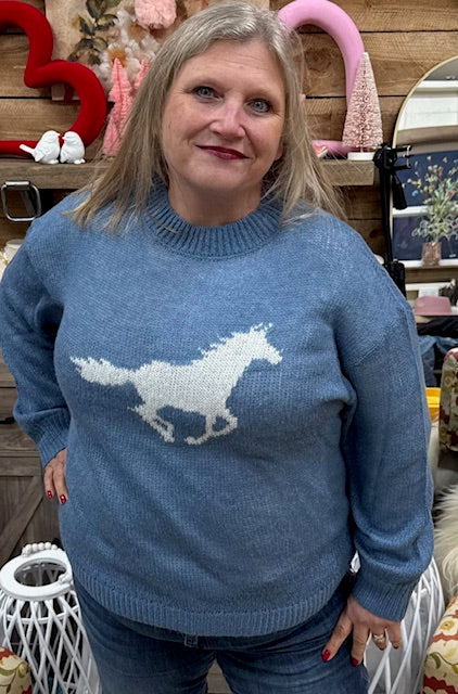 Dusty Blue Horse Sweater