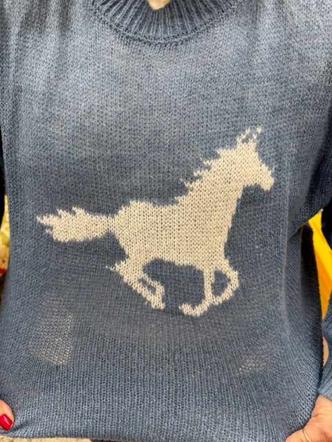 Dusty Blue Horse Sweater