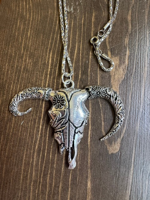 Western Skull Pendant on 18" Silver Tone Chain
