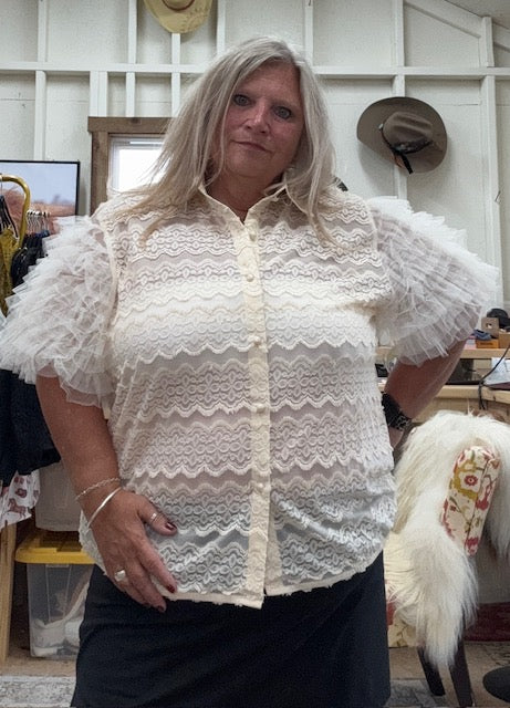 Lace Button Down with Tulle Sleeve