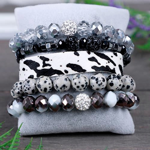 Cow Print and Crystal Stacked Bracelet - Black