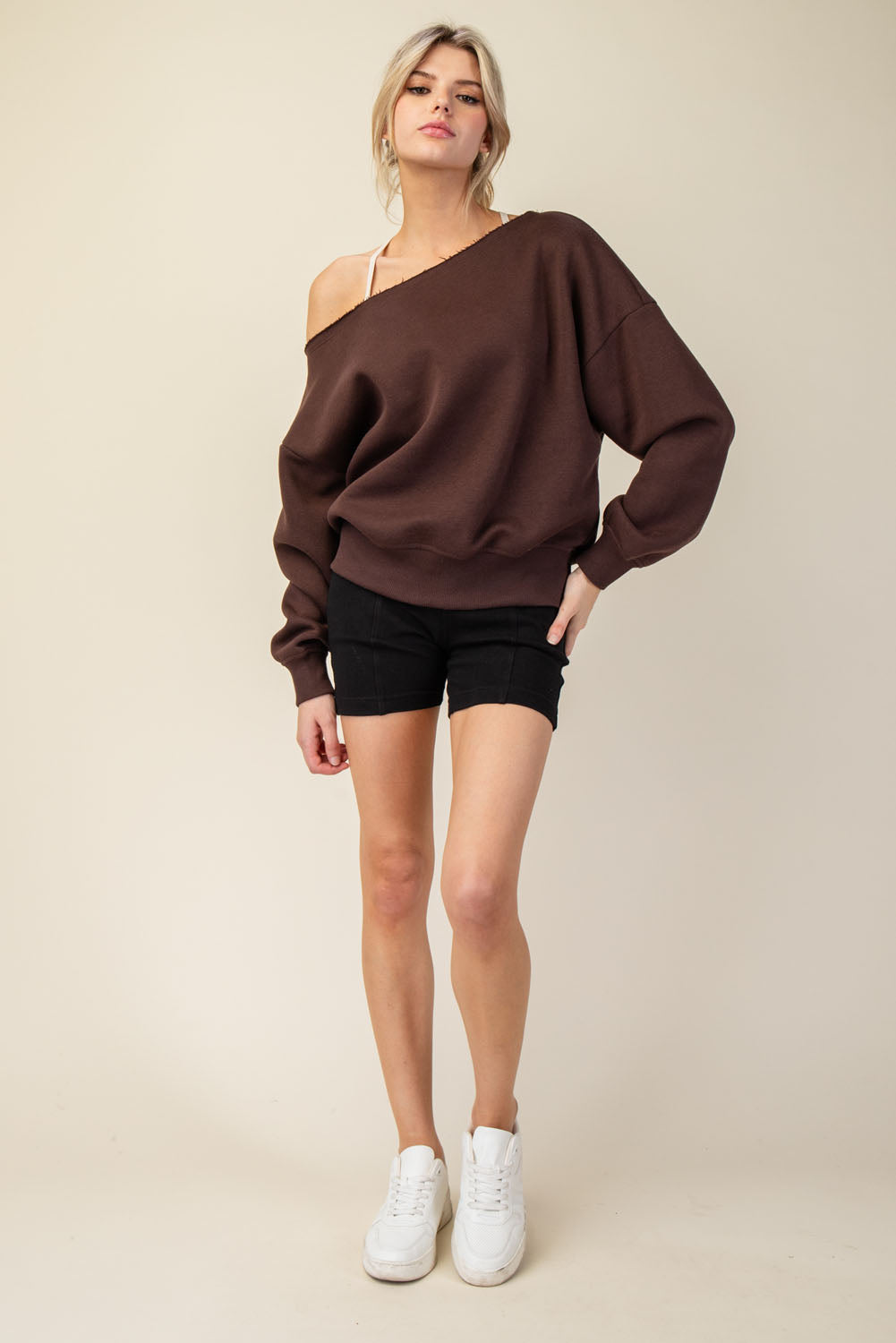 FRENCH TERRY FLEECE OFF SHOULDER SWEATSHIRT