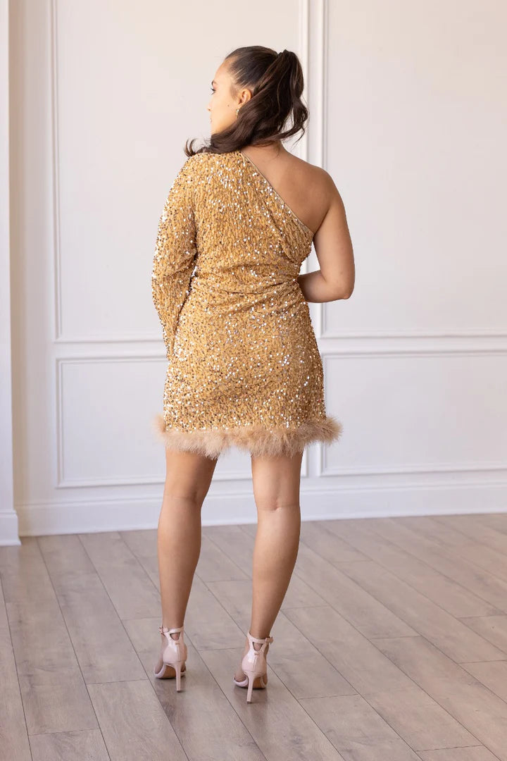 Gold Feathered Opulence Sequin Dress