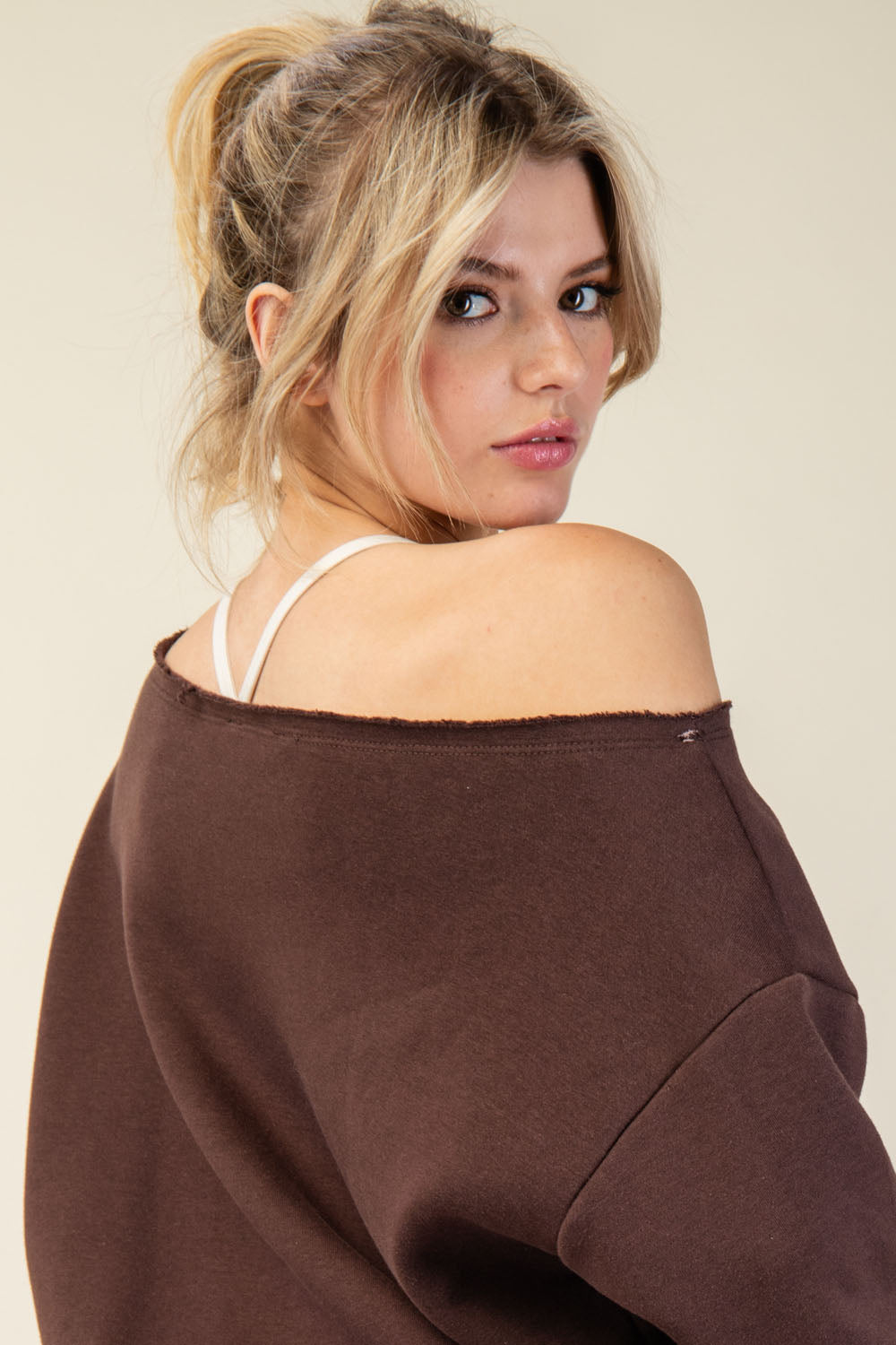 FRENCH TERRY FLEECE OFF SHOULDER SWEATSHIRT