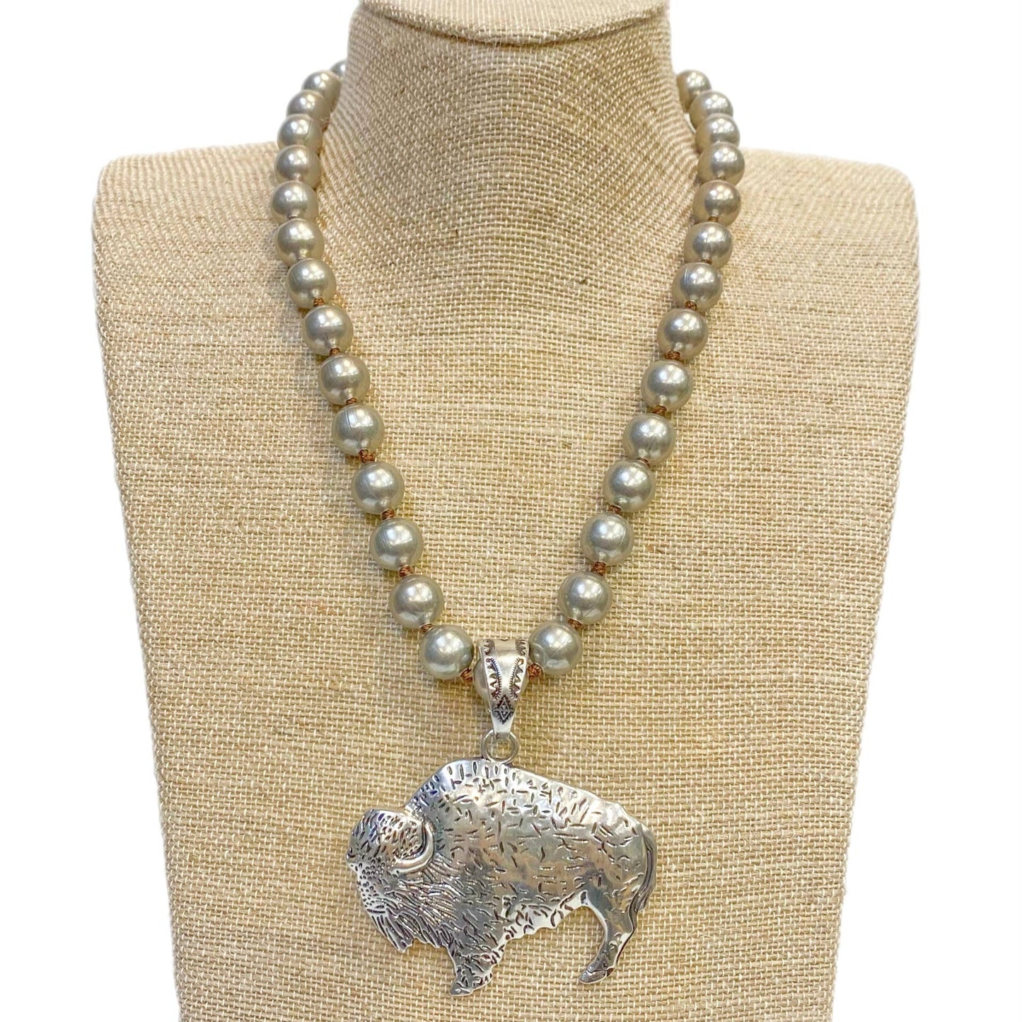 Buffalo Pendant on Faux Navajo Pearl Necklace