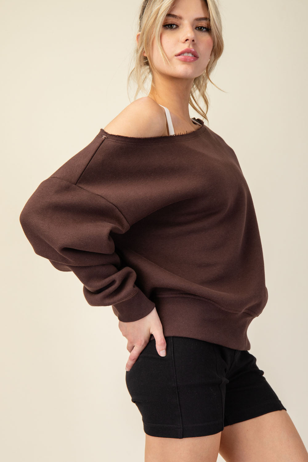 FRENCH TERRY FLEECE OFF SHOULDER SWEATSHIRT
