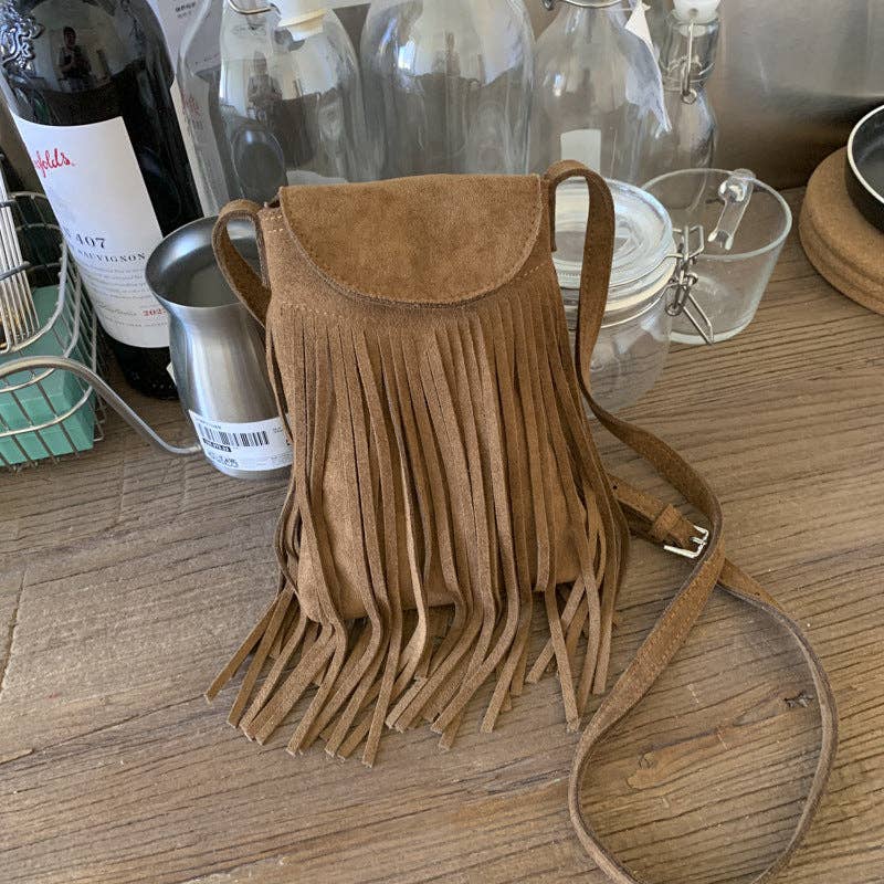 Western Bohemian Fringe Suede Crossbody Phone Holder Purse
