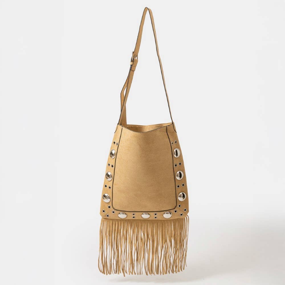 Suede Grommet Accent Fringe Tote
