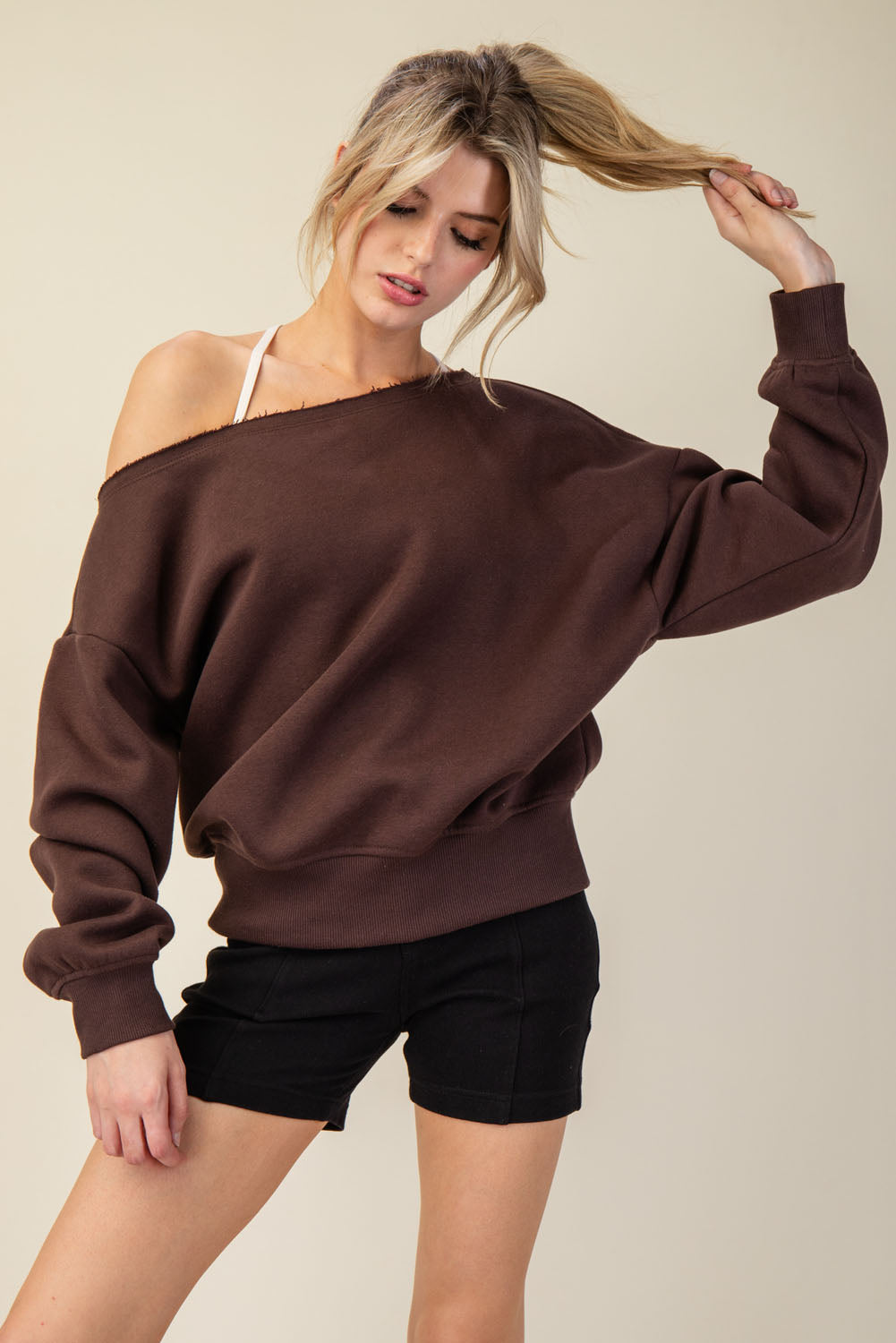 FRENCH TERRY FLEECE OFF SHOULDER SWEATSHIRT