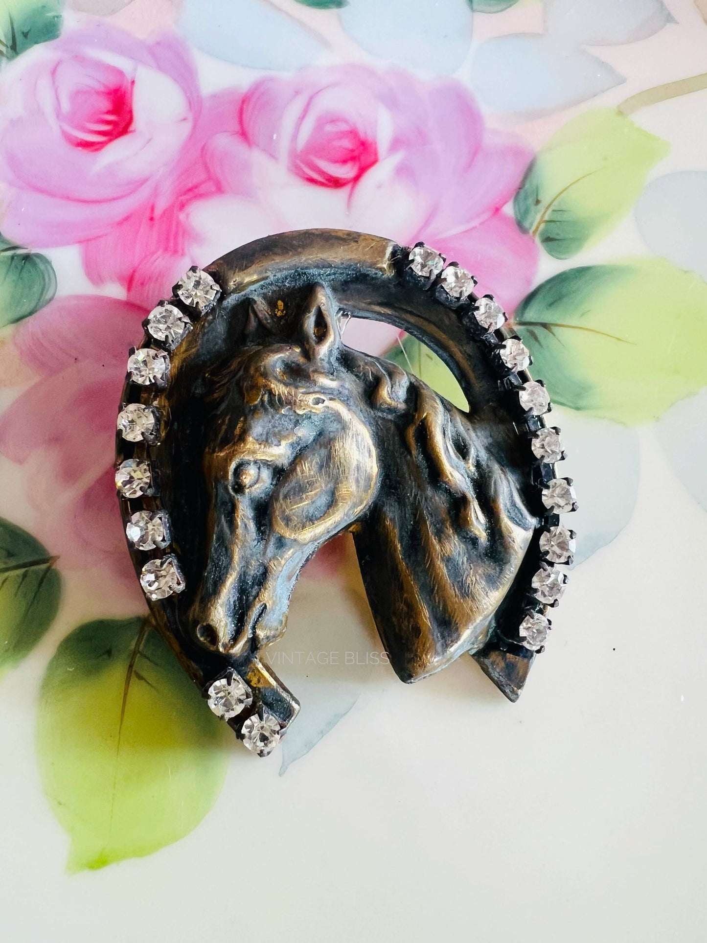 Brass Patina Horse Head Horseshoe Hat Pin Hat Bar