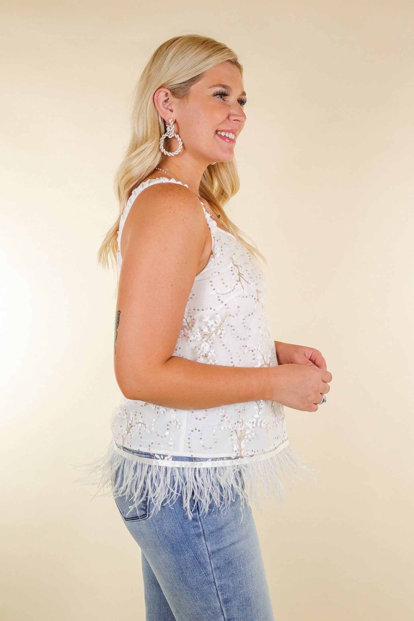 Shimmy and Shake Sequin Floral Crop with Feather Trim