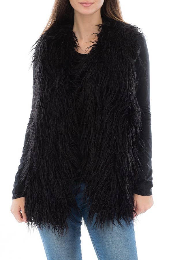 Shaggy Faux Fur Vest With Hook And Pockets