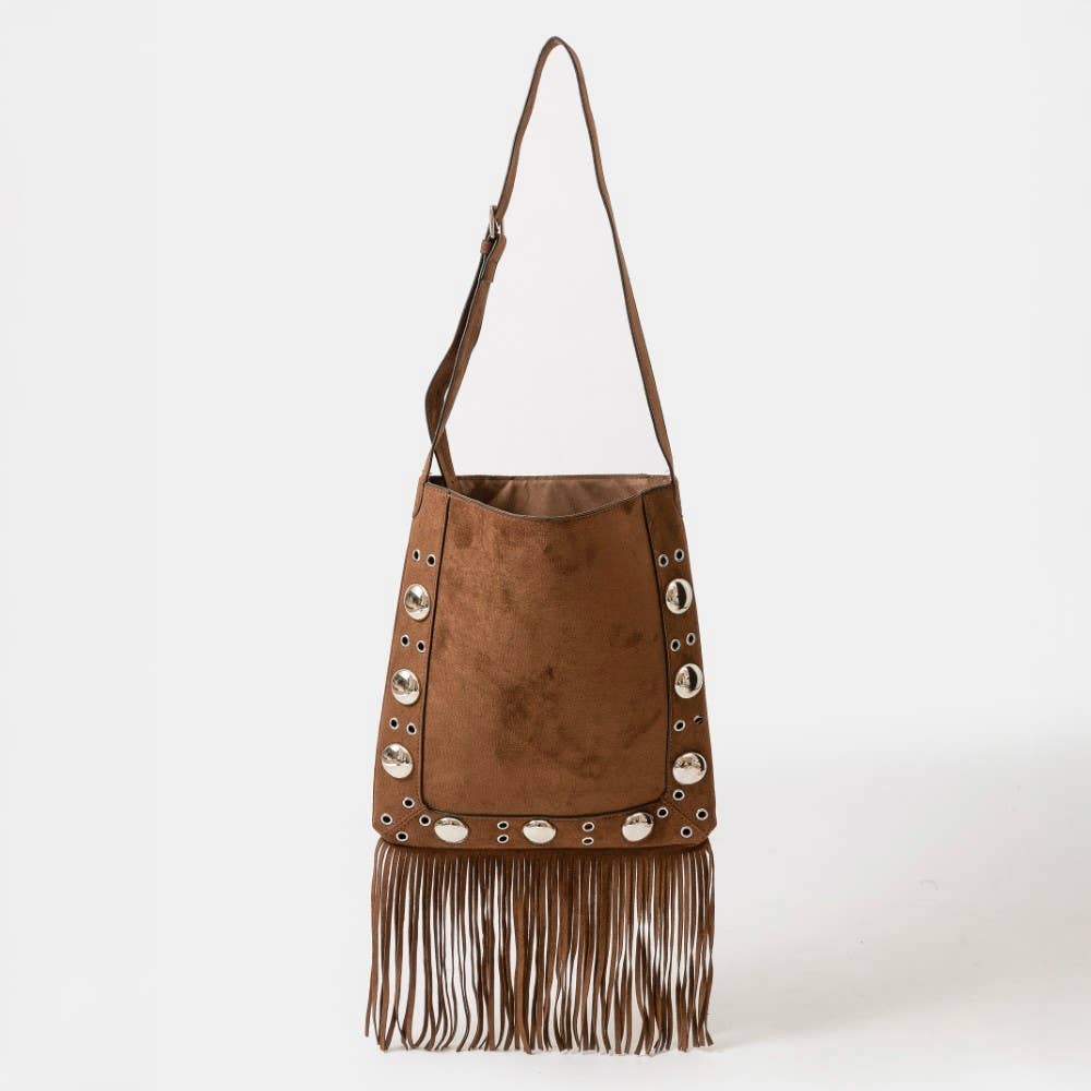 Suede Grommet Accent Fringe Tote