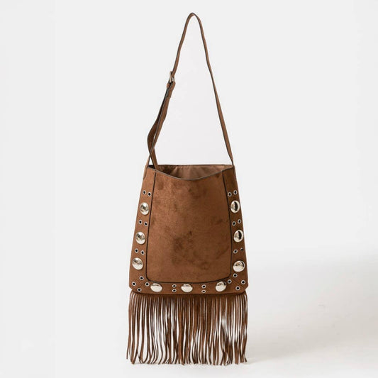 Suede Grommet Accent Fringe Tote