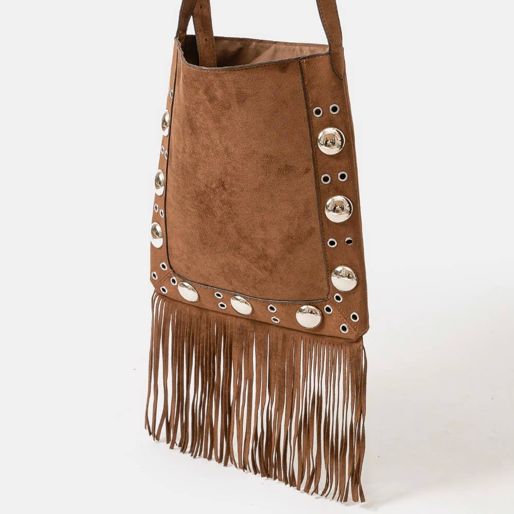 Suede Grommet Accent Fringe Tote