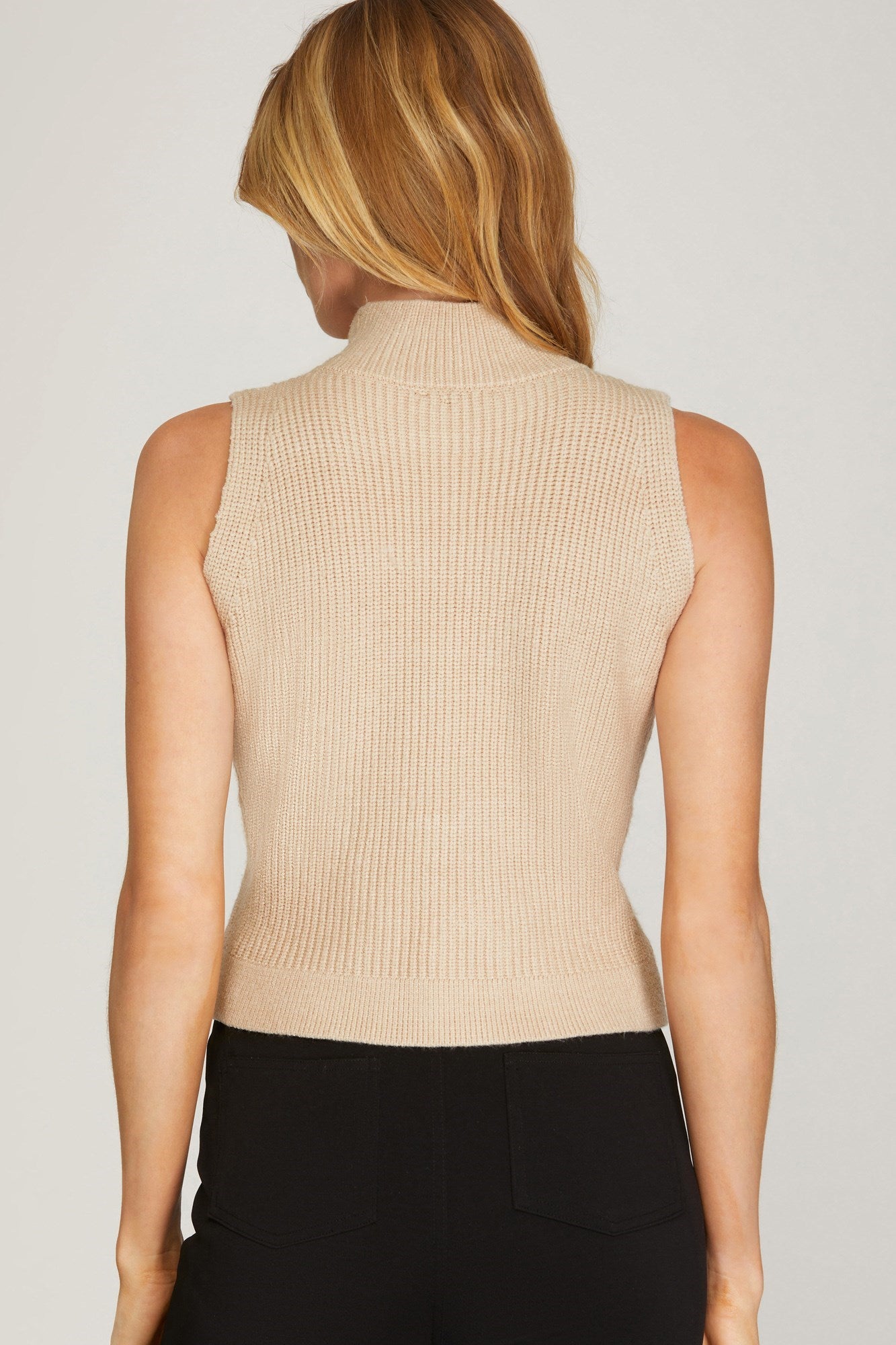 Mock Neck Knit Sweater Vest - Beige