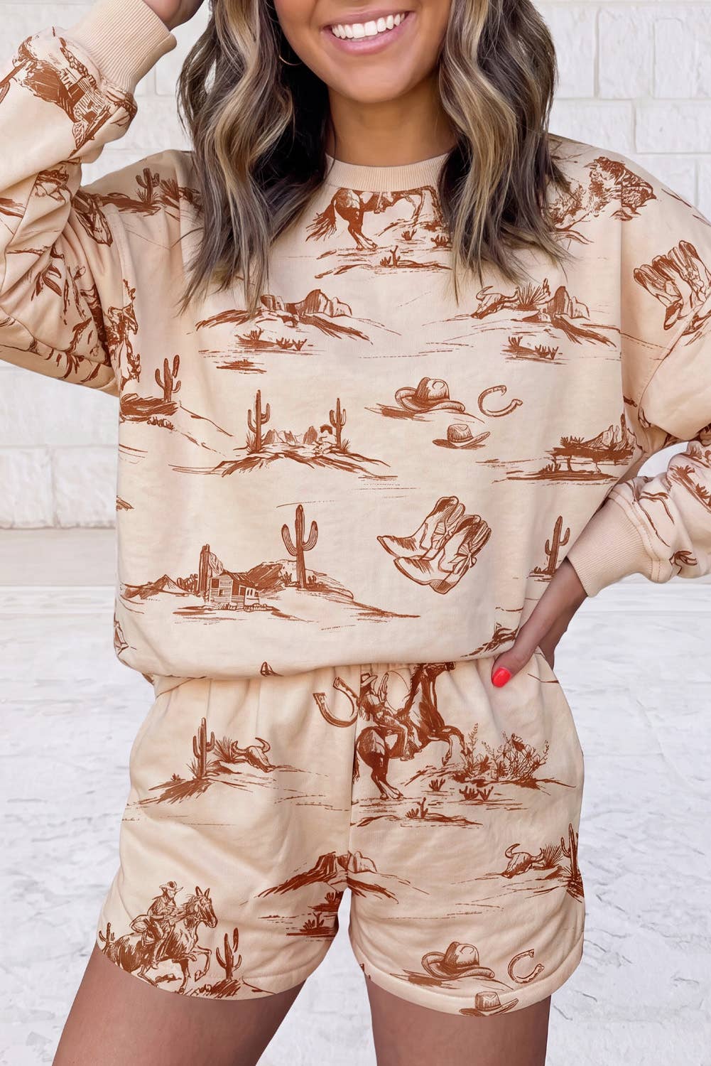 Western Print Loose Fit Long Sleeve Top Short Set
