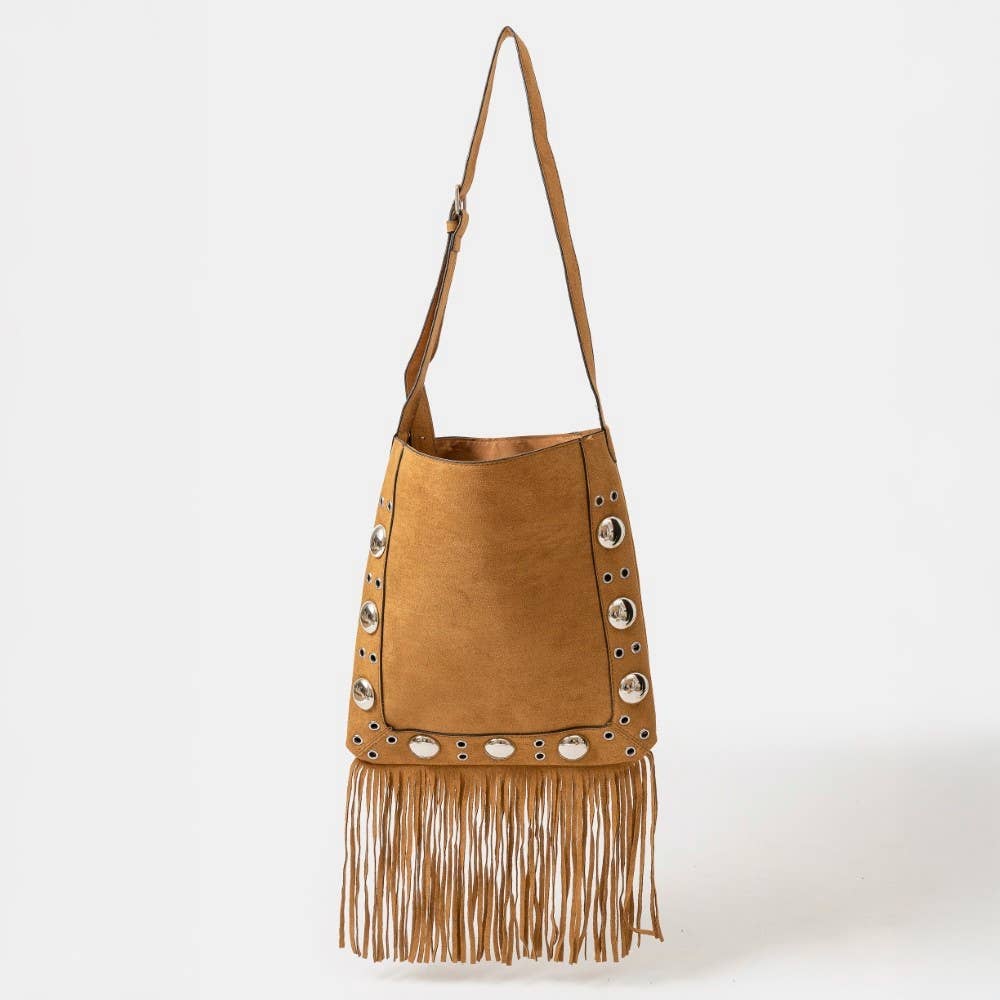 Suede Grommet Accent Fringe Tote