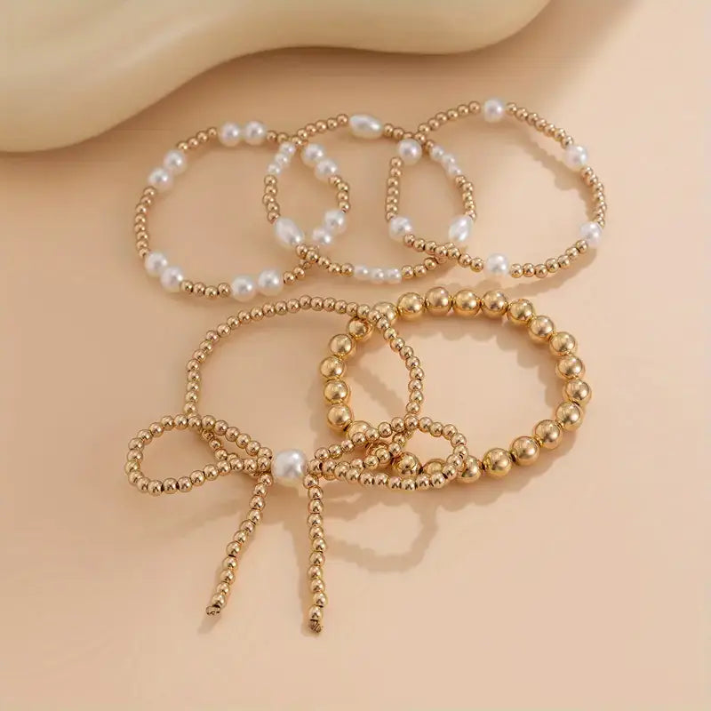 Golden Beaded Bracelets with Faux Pearls