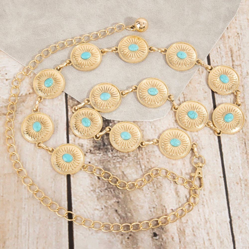 Turquoise Stud Ornate Disc Concho Chain Belt