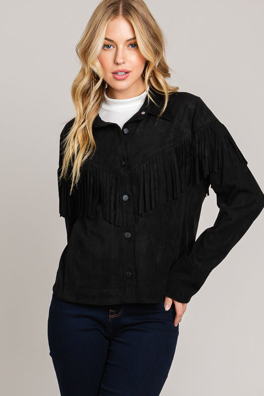 Black Faux Suede Fringe Jacket