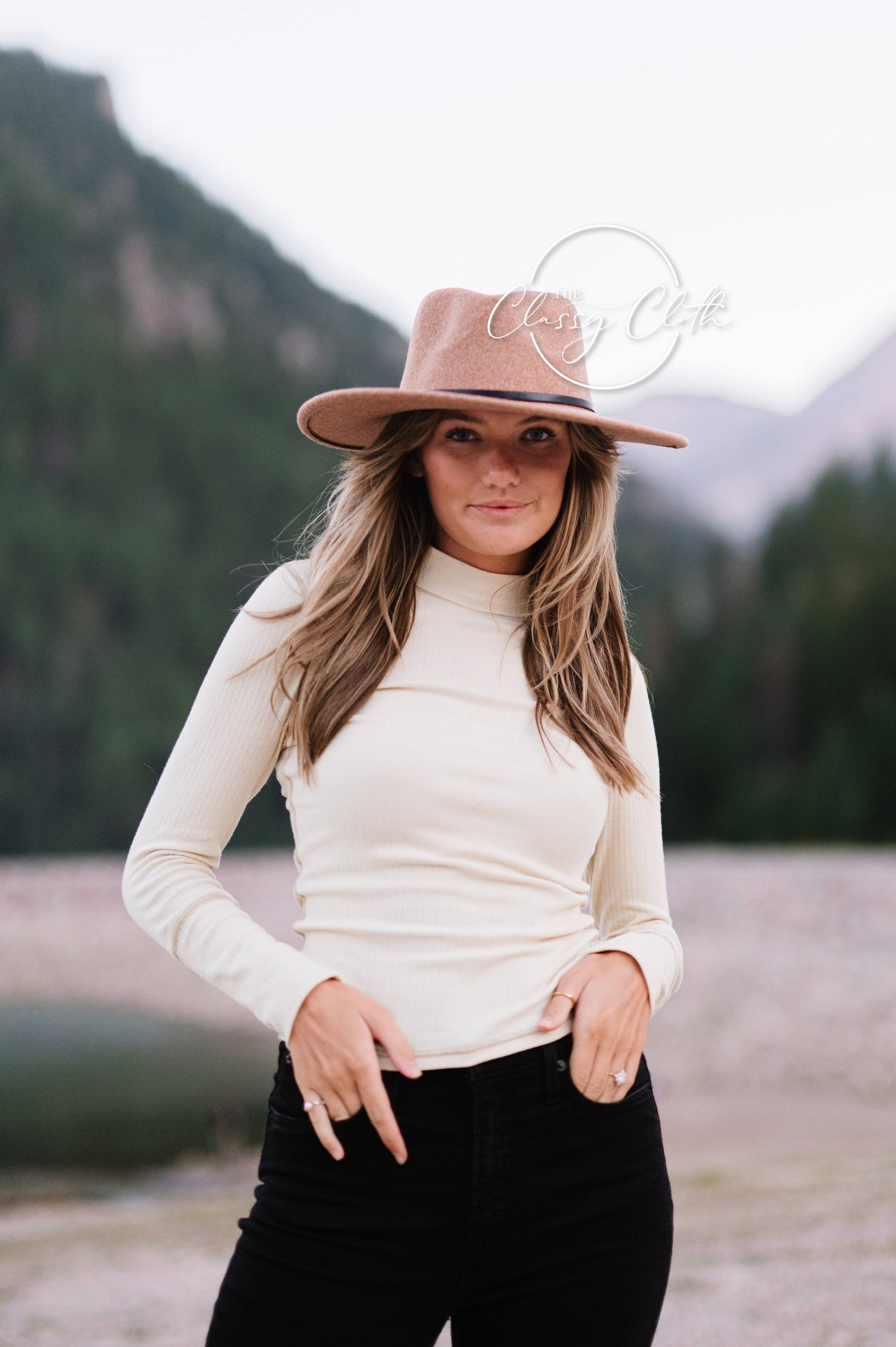 Wool Blend Wide Brim Western Hat - Camel