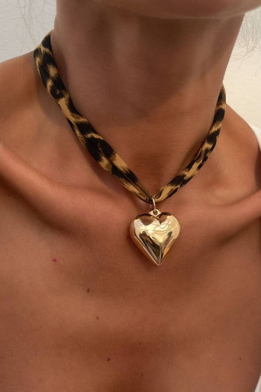 Puffy Heart Charm Leopard Scarf Necklace
