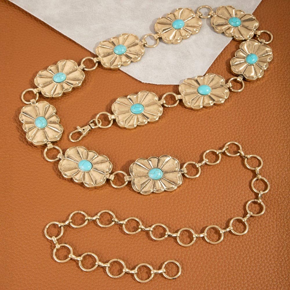 Western Floral w Blue Stone Chain Belt