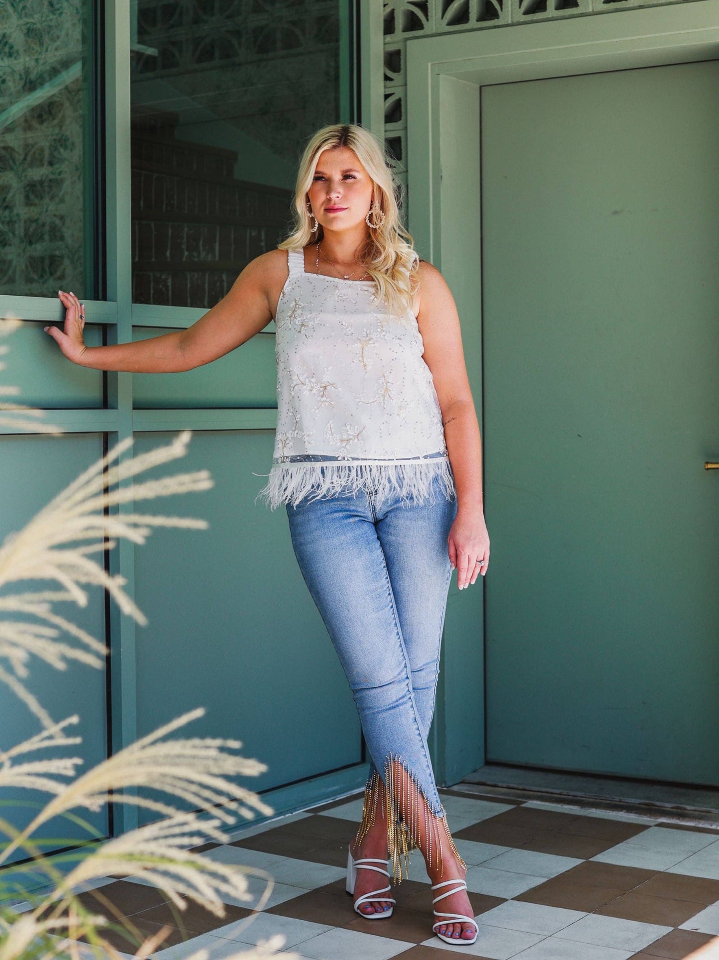 Shimmy and Shake Sequin Floral Crop with Feather Trim
