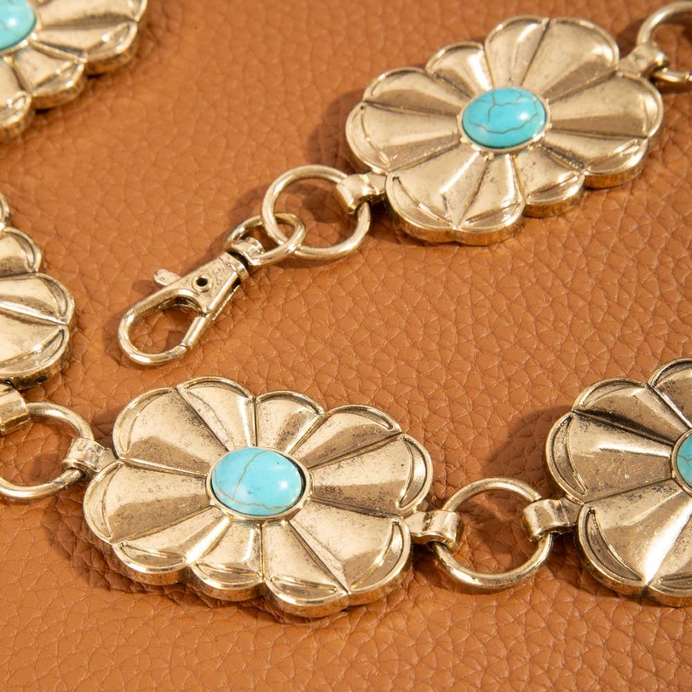 Western Floral w Blue Stone Chain Belt