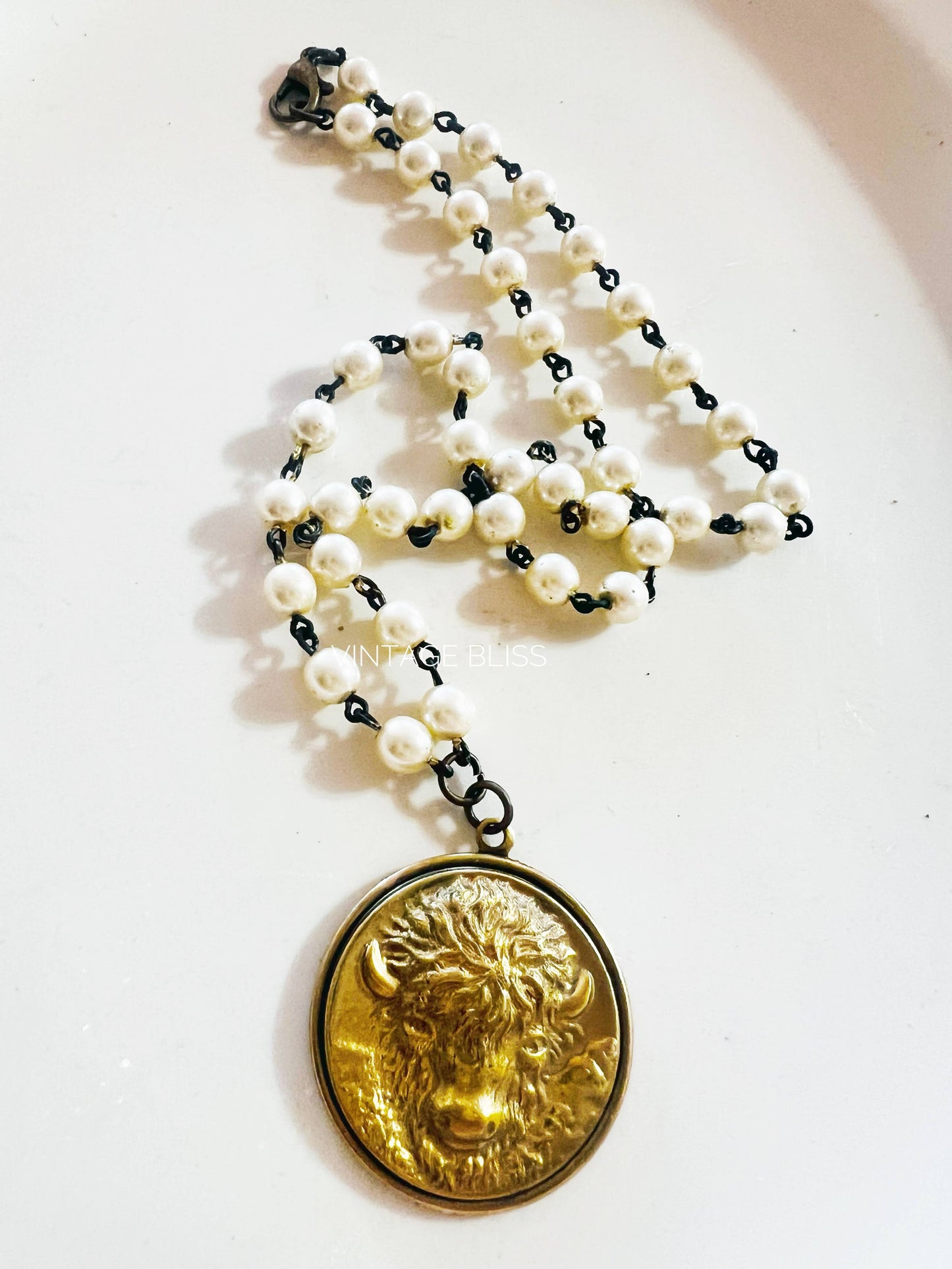 Brass Patina Buffalo Pendant Beaded Chain Necklace Western
