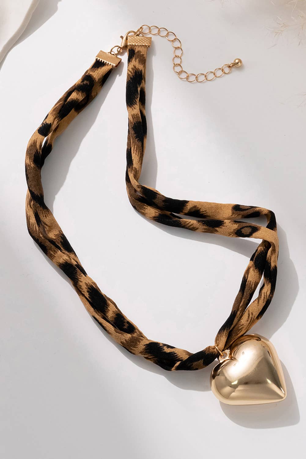 Puffy Heart Charm Leopard Scarf Necklace