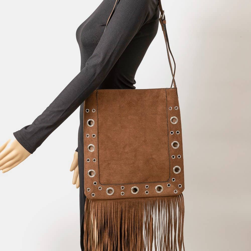 Suede Grommet Accent Fringe Tote