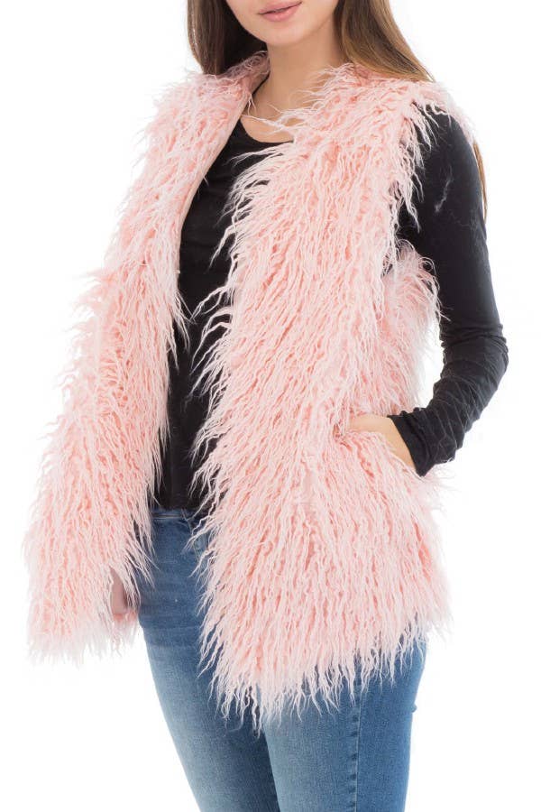 Solid Colored Long Faux Fur Vest with Hook