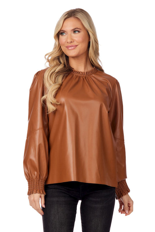 Tan Putnam Faux Leather Blouse