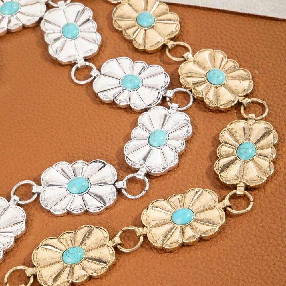 Western Floral w Blue Stone Chain Belt