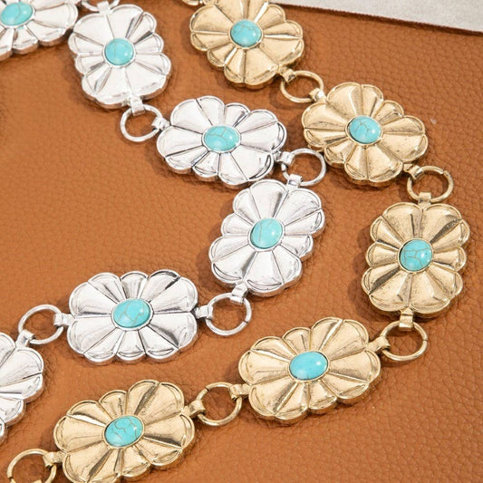 Western Floral w Blue Stone Chain Belt