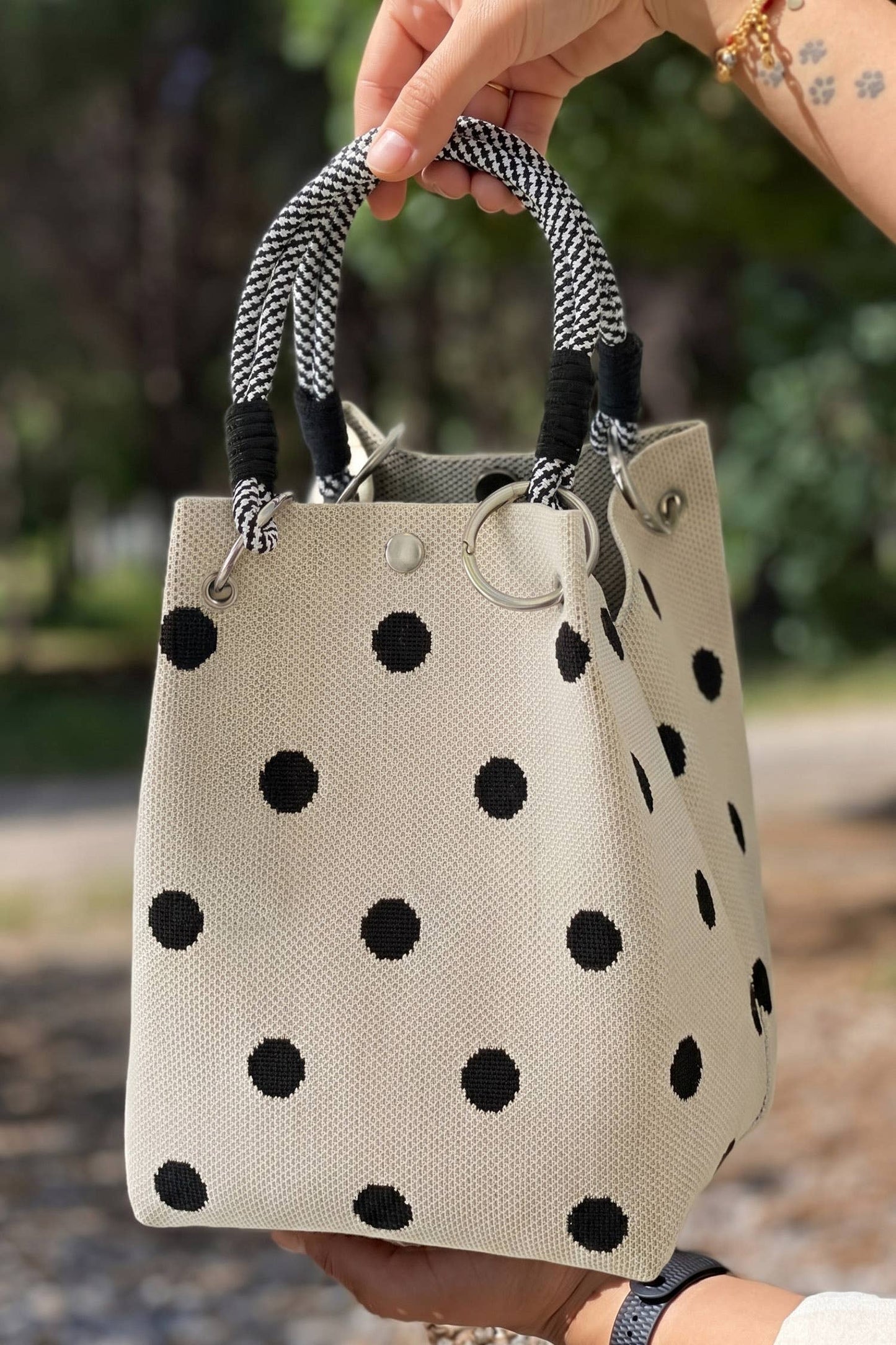 Polka Dot Print Rope Handle Small Square Tote