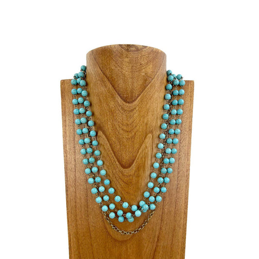 Blue Stone 3 Strand Bead Necklace