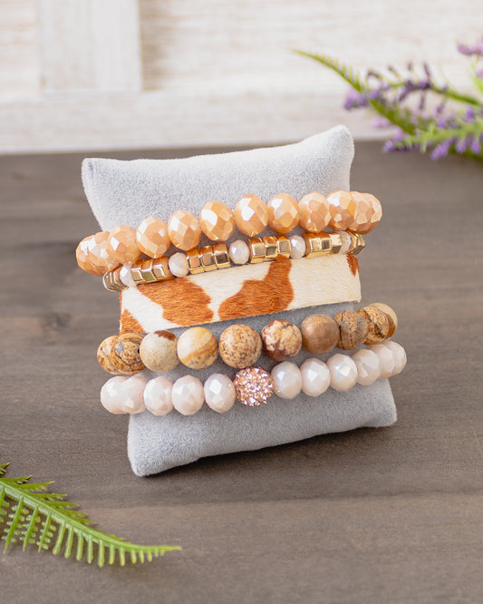 Cow Print and  Crystal Stacked Bracelet - Brown