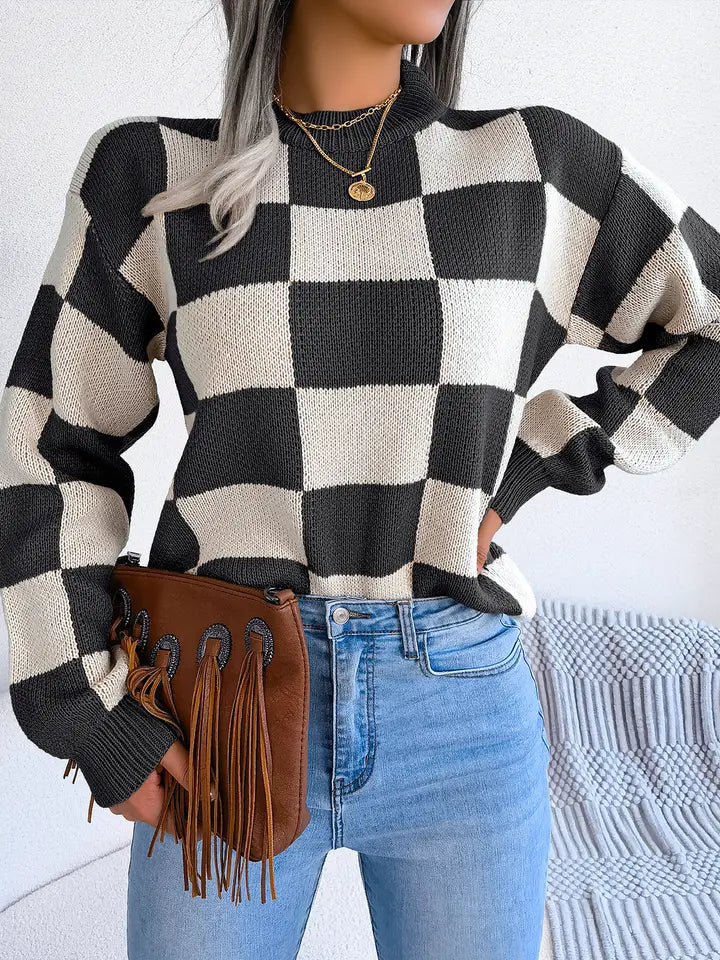 Contrast Plaid Pullover Sweater