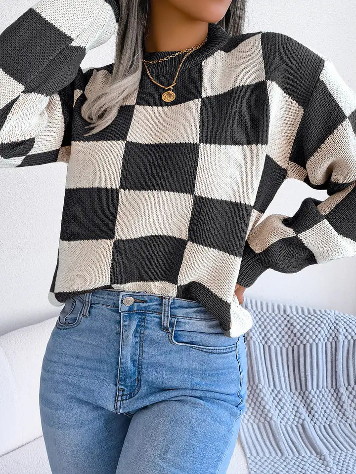 Contrast Plaid Pullover Sweater