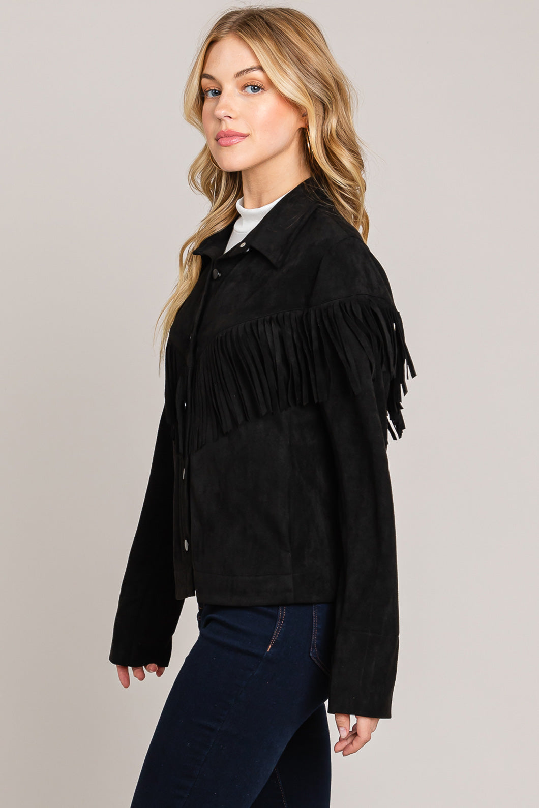 Black Faux Suede Fringe Jacket